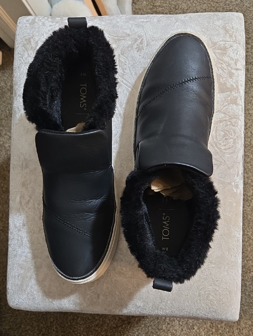 Toms Black Faux Fur-Lined Slip-On Sneakers with Pull Tab